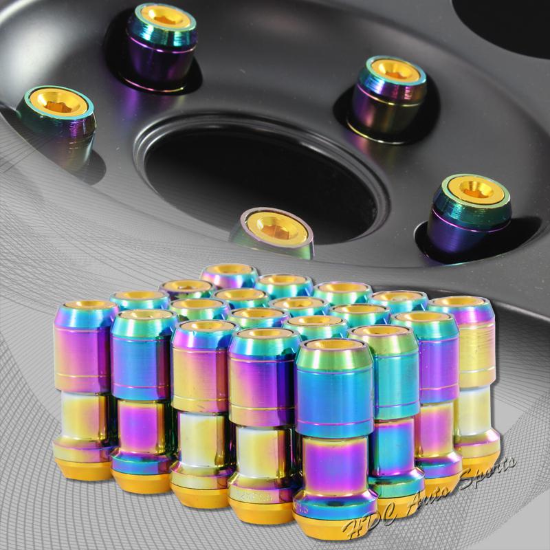 20pc m12 x 1.5mm thread pitch wheel rim tuner 1.9" long lug nuts gold/neo chrome