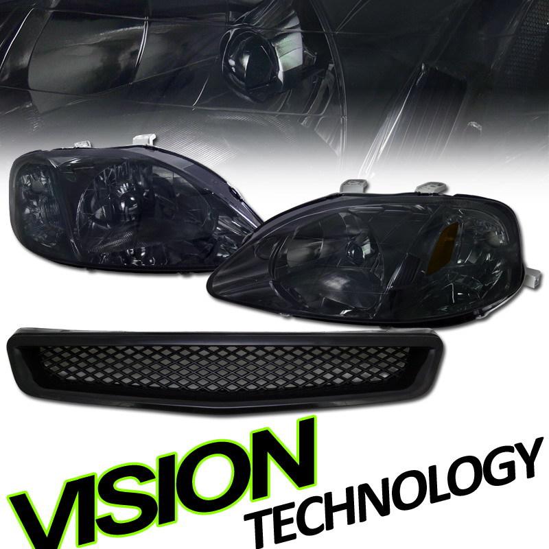 99-00 civic smoke tint lens crystal headlights w/ amber+blk abs front mesh grill