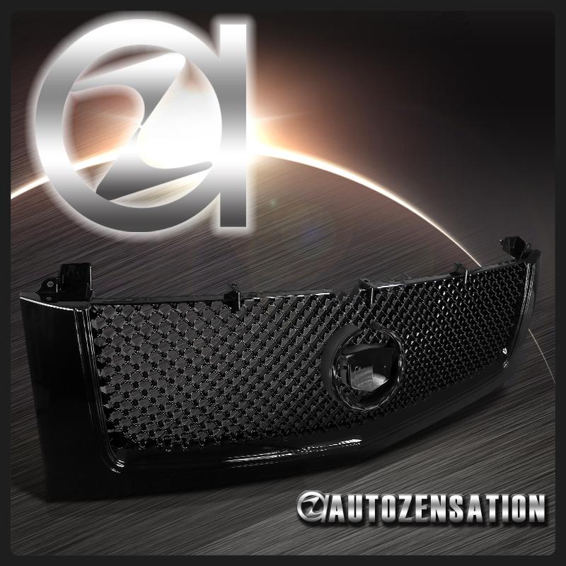 02-06 cadillac escalade glossy black mesh hood grill & emblem mount+wreath