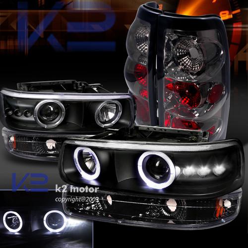 99-02 silverado black halo smd projector headlight+bumper lamp+smoke tail lights