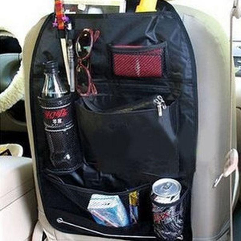 Car interior hanging canvas organizer bag for stuff in seat back black