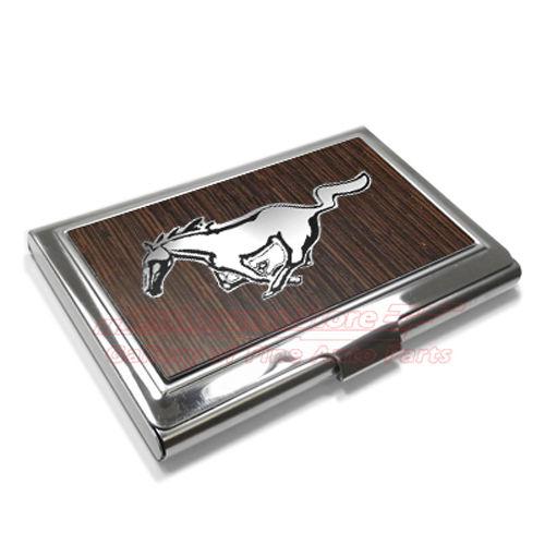 Ford mustang walnut wood look stainless steel business card holder + free gift