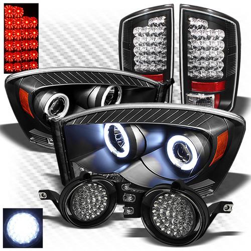 07-08 ram 1500, 07-09 2/3500 black headlights + led tail lights + led fog lights