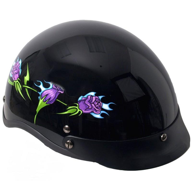 Purple roses flames dot approved shorty half motorcycle helmet rose flame xs-lg