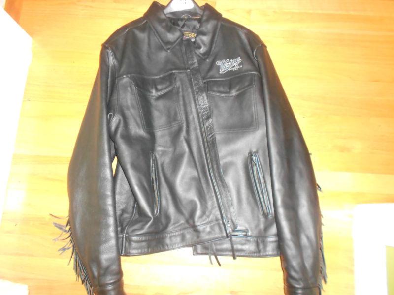 Men's black size xl victory very heavy motorcycle leather jacket w/fringe