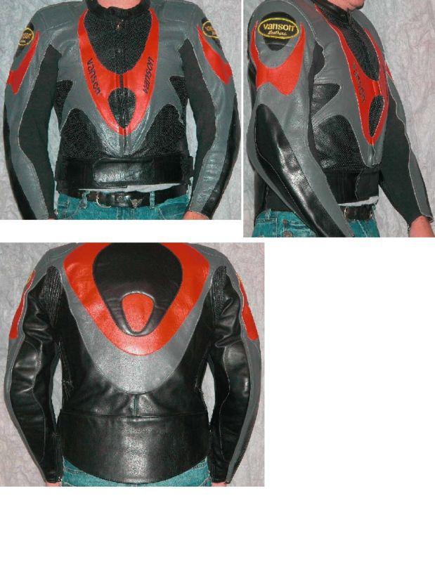 Vanson spyder motorcycle jacket, black/grey/red, size 42. 