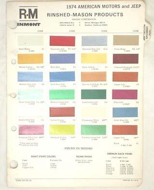 1974 amc r-m color paint chip chart jeep amx javelin matador hornet ambassador