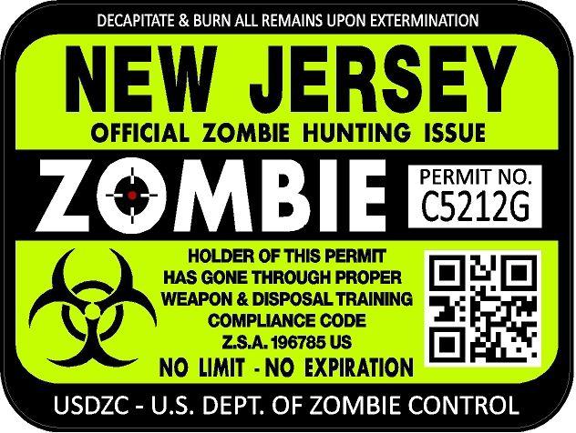 New jersey zombie hunting license permit 3"x4" decal sticker outbreak 1240