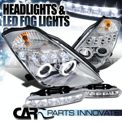 03-05 nissan 350z chrome halo led projector headlights+led fog bumper drl