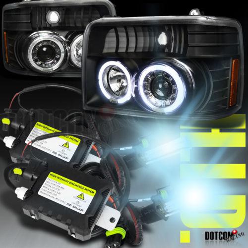 Black 92-96 bronco halo projector headlights+h3 slim 6000k hid f150/250/350