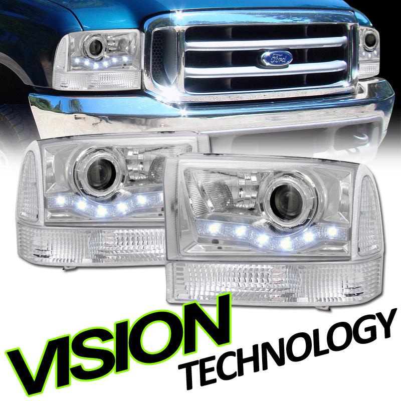 Chrome led projector head lights+signal/park 99-04 f-series super duty/excursion