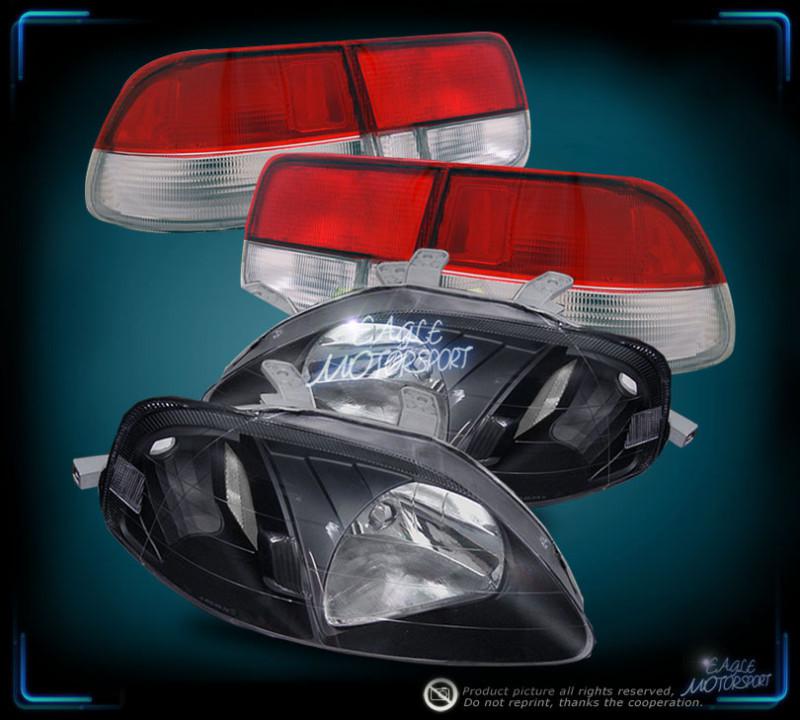 1999-2000 honda civic 2dr coupe jdm blk crystal headlights/red clear tail lights