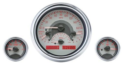 Universal 3 triple round analog dash gauges silver alloy / red display vhx-1013