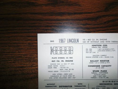 1967 lincoln eight series models 462 ci v8 tune up chart