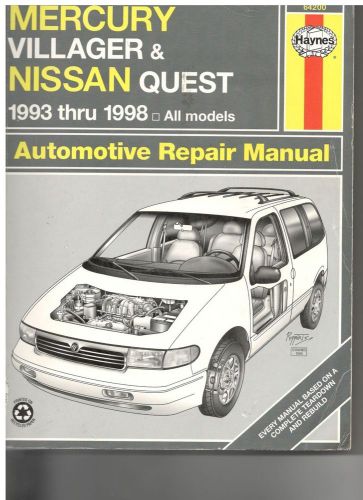 Haynes service  manual repair book. mercury villager nissan quest 1993 to1998