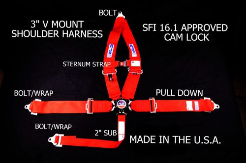Rjs sfi 16.1 5 point cam lock v roll bar mount sternum strap belt red 1036804