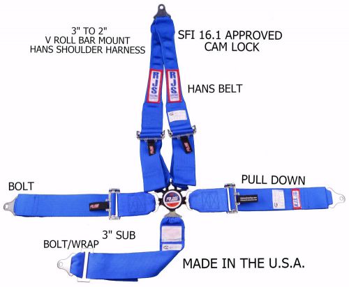 Rjs racing sfi 16.1 5 point hans cam lock v roll bar mount belt blue 1044503