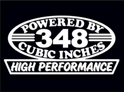 2 high performance 348 cubic inches decal set hp v8 engine emblem stickers