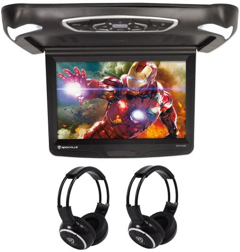 Rockville rvd15bgb black/grey/tan 15&#034; flip down car monitor+wireless headphones