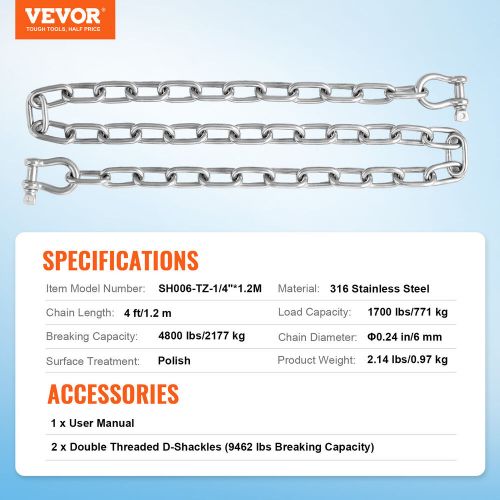 Vevor boat anchor chain stainless steel lead chain 1/4&#034; x 4&#039; with two shackles