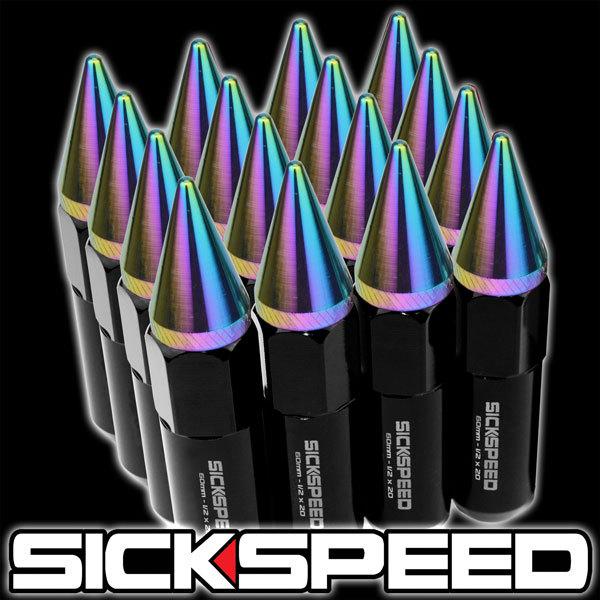 16 black/neo chrome spiked 60mm aluminum extended tuner lug nuts wheel 1/2x20 a