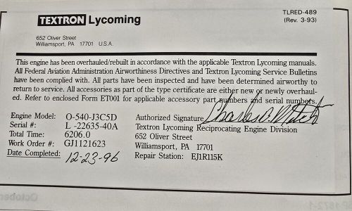 Lycoming o-540-j3c5d, 1650 smoh