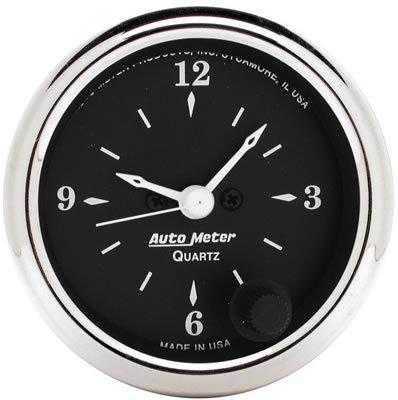 Autometer old tyme black electrical clock gauge 2 1/16" dia black face 1785