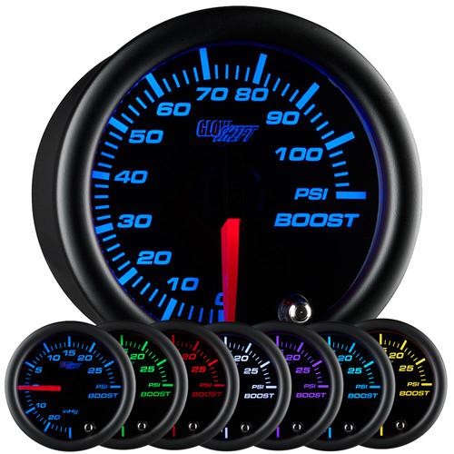 52mm black face turbo boost 100 psi gauge w. 7 colors