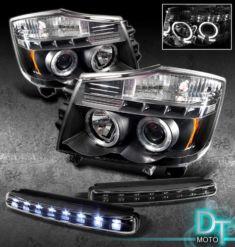 Led bumper fog lamps+04-13 titan armada dual halo projector head lights black