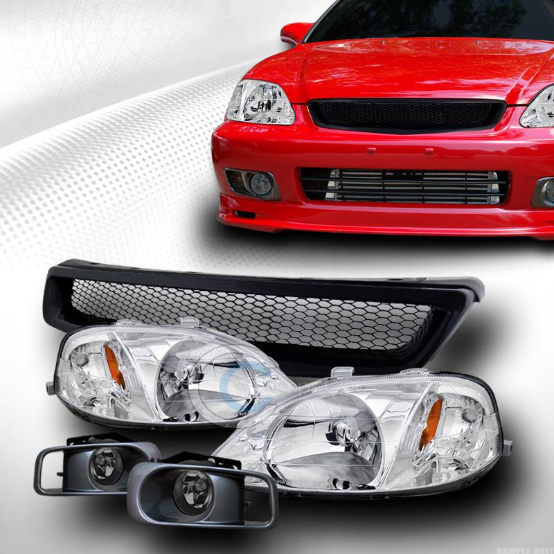 Chrome head lights amber dy+aluminum mesh grill grille+fog smoke 99-00 civic ek9