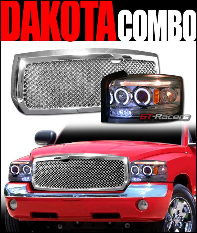 Chrome halo led projector head lights+front mesh grill grille 2005-2007 dakota