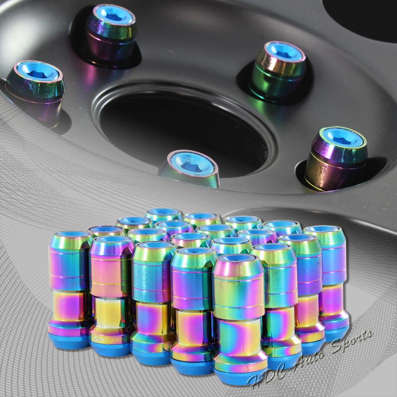 20pc m12 x 1.25mm thread pitch wheel rim tuner 1.9" long lug nut blue/neo chrome