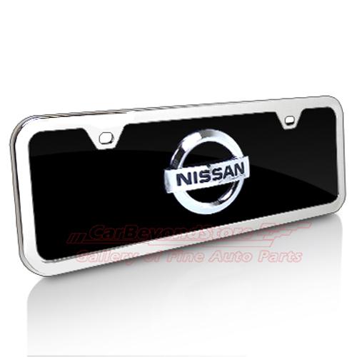 Nissan 3d logo half-size black acrylic license plate + chrome frame kit, + gift