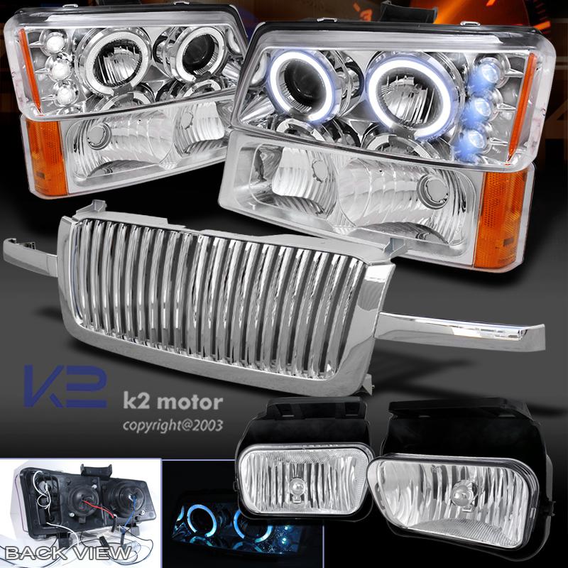 2003 silverado chrome projector headlights+clear fog bumper lamp+hood grille