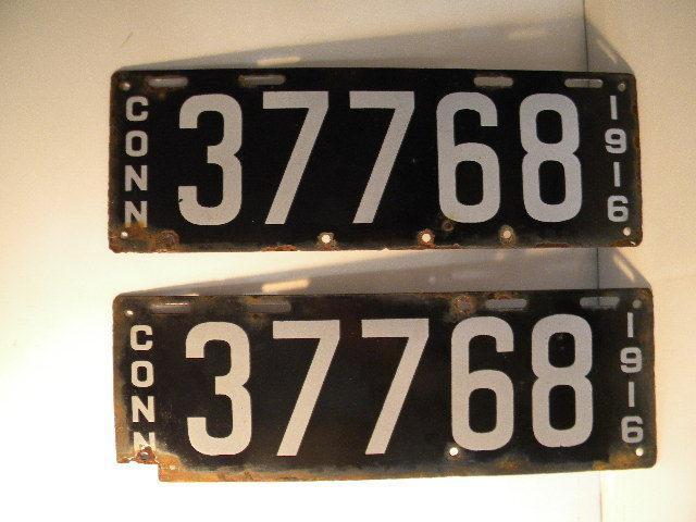 Vintage 1916 automotive porcelain license plate conneticut car tags (pair)