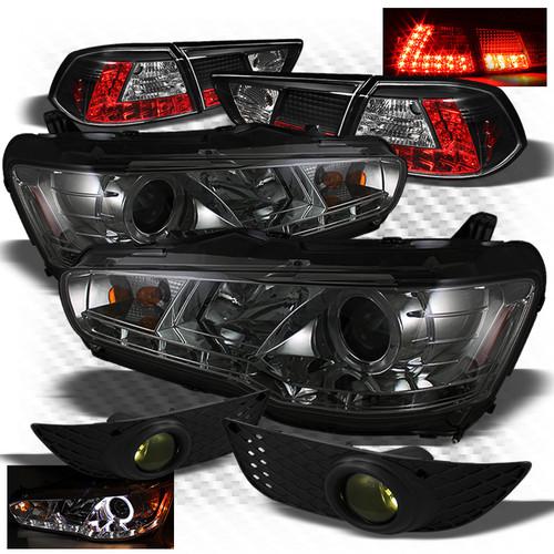 (hid only) 08-13 lancer smoked drl pro headlights + led tail lights + fog lights