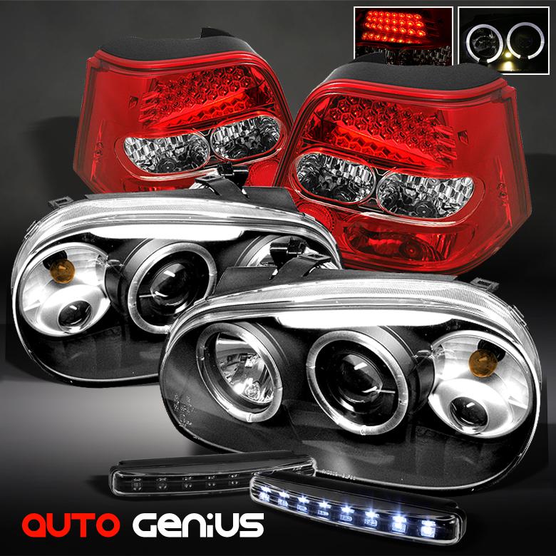 99-06 golf black projector headlights + red clear led tail lights + daytime led