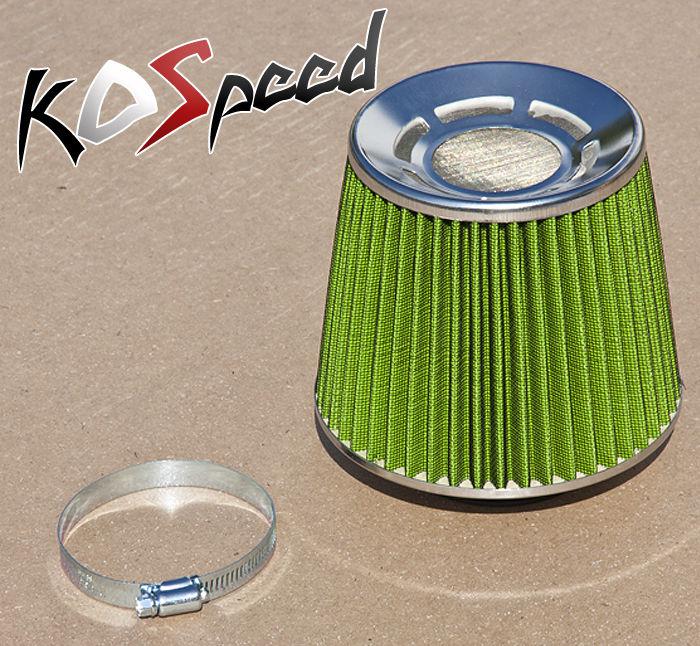 Heat shielded 3" air intake/turbo short ram round cone filter universal green