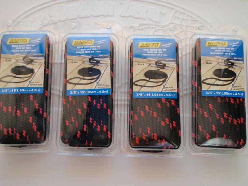 Double braid dock lines  3/8" x 15ft seachoice 42431 black w/red tracer 4 pac 