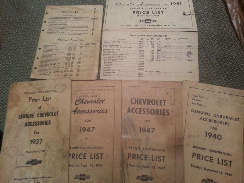 Vintage antique rare lot of 6 original chevrolet accessories manuals. 1937-51