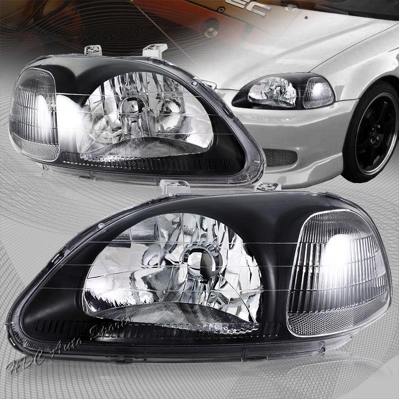 1996-1998 honda civic black housing clear lens clear reflector headlight lamps