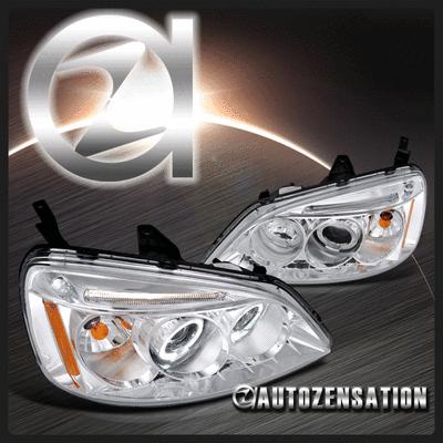 01-03 honda civic 2dr 4dr chrome led drl halo projector headlights