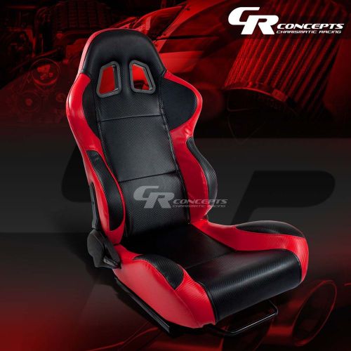 2 x red+carbon pvc leather sports racing seats+mounting sliders passenger side