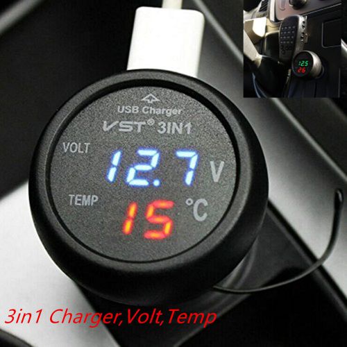 3in1 car charger adapter digital led display voltmeter gauge temperature tester