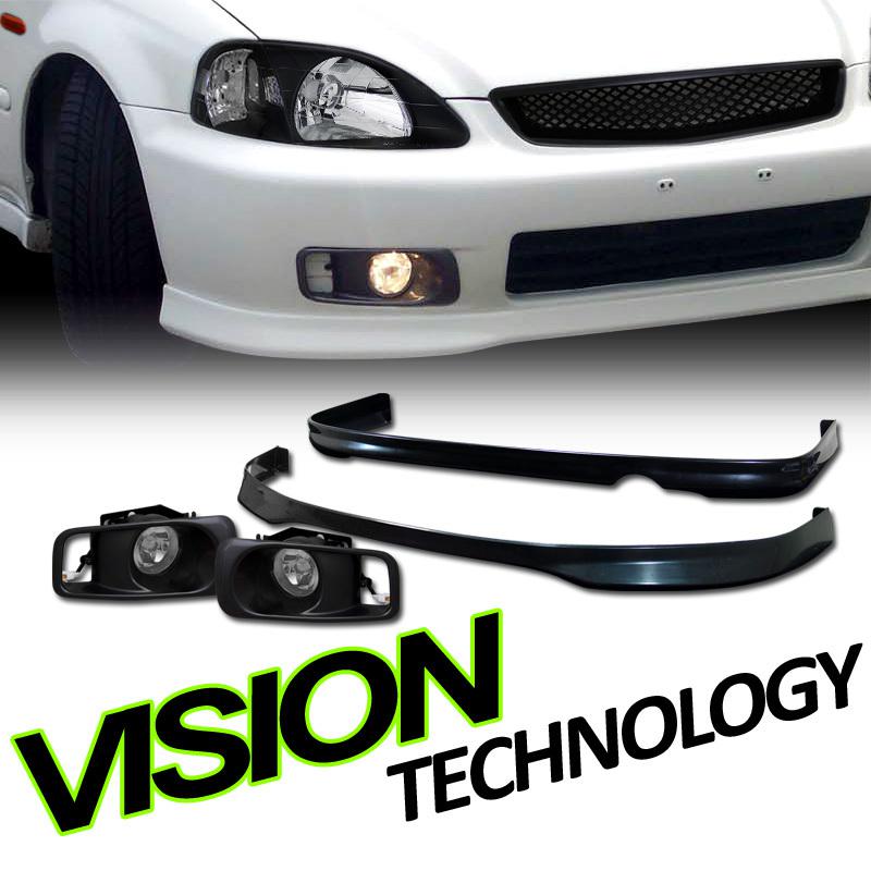 99-00 civic 2dr/4dr t-r style front+rear bumper lip spoiler+factory fog lights