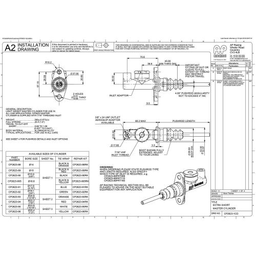 A p racing cp2623 master cylinder short body 0.625&#034; bore m8 pushrod 115mm