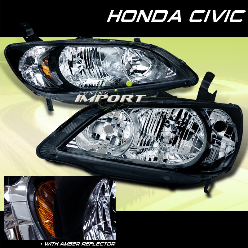 2004-2005 honda civic 2/4 dr black amber pair headlights lamps left+right new