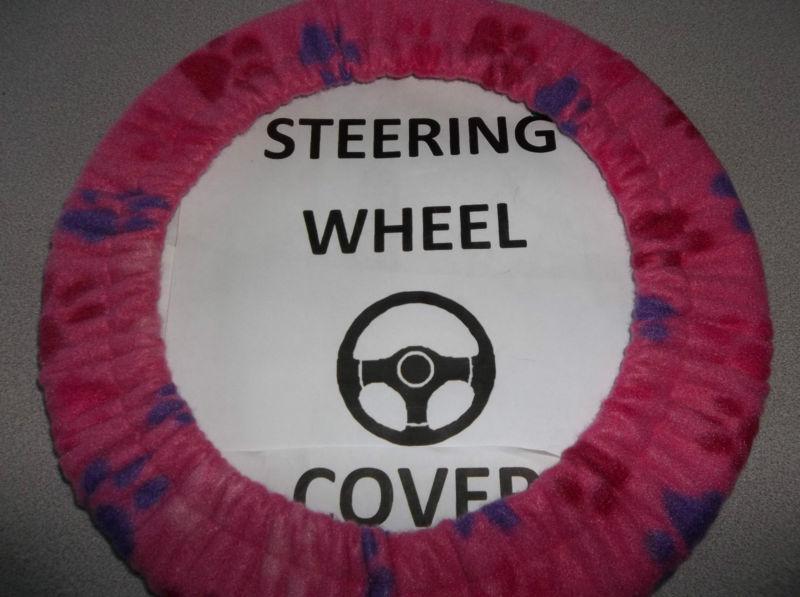 Steering wheel cover pink with purple and red paw print