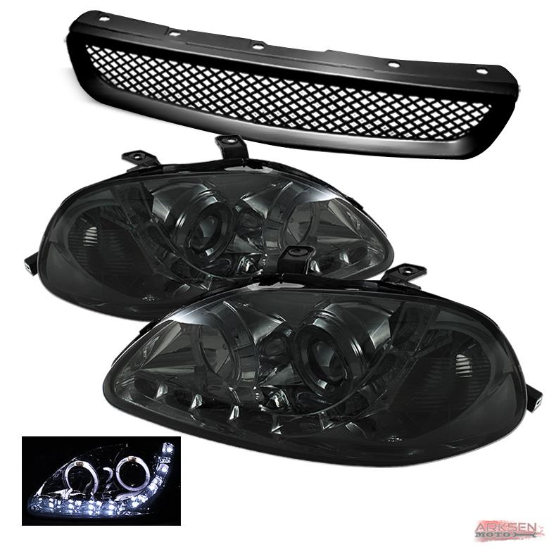 96-98 civic twin halo drl led smoked projector headlights+abs grill grille set