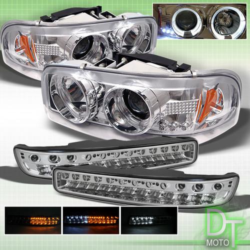 99-06 gmc yukon sierra halo projector chrome headlights+led signal bumper lamps